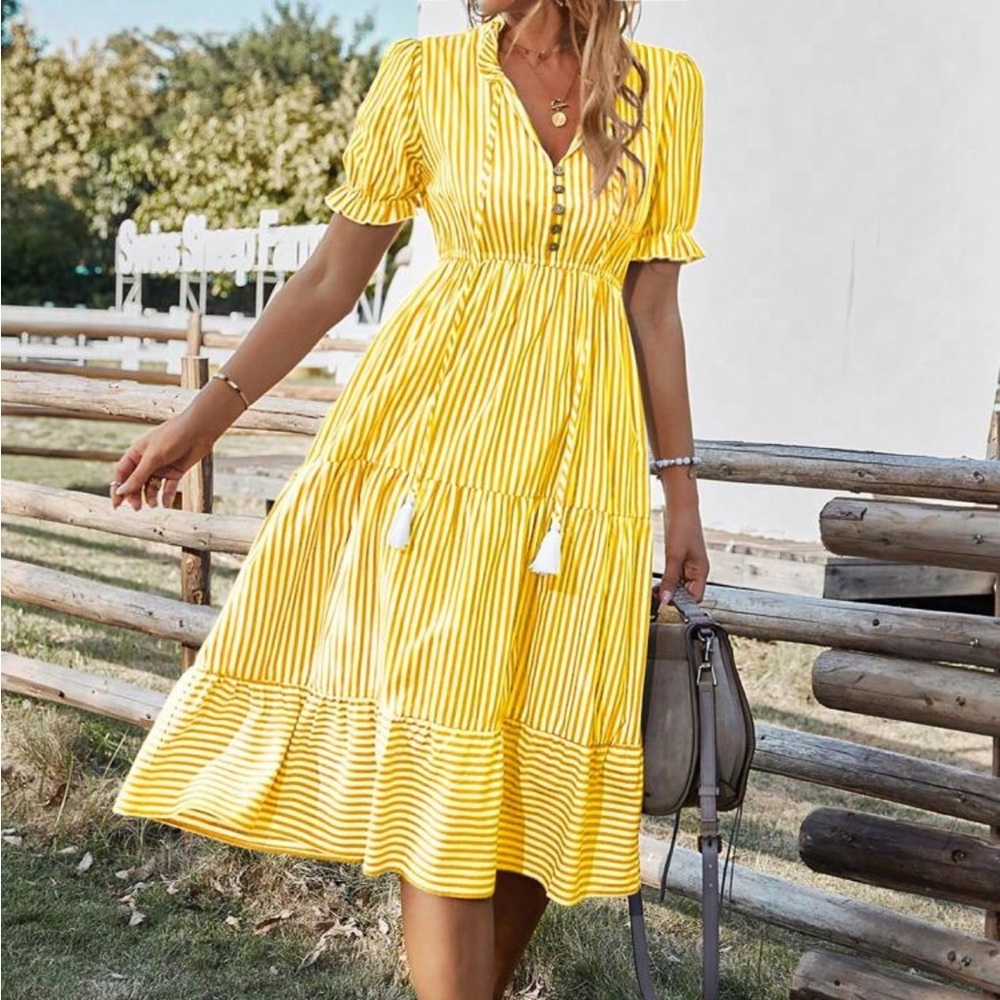 Yellow Striped Cottagecore Midi Dress